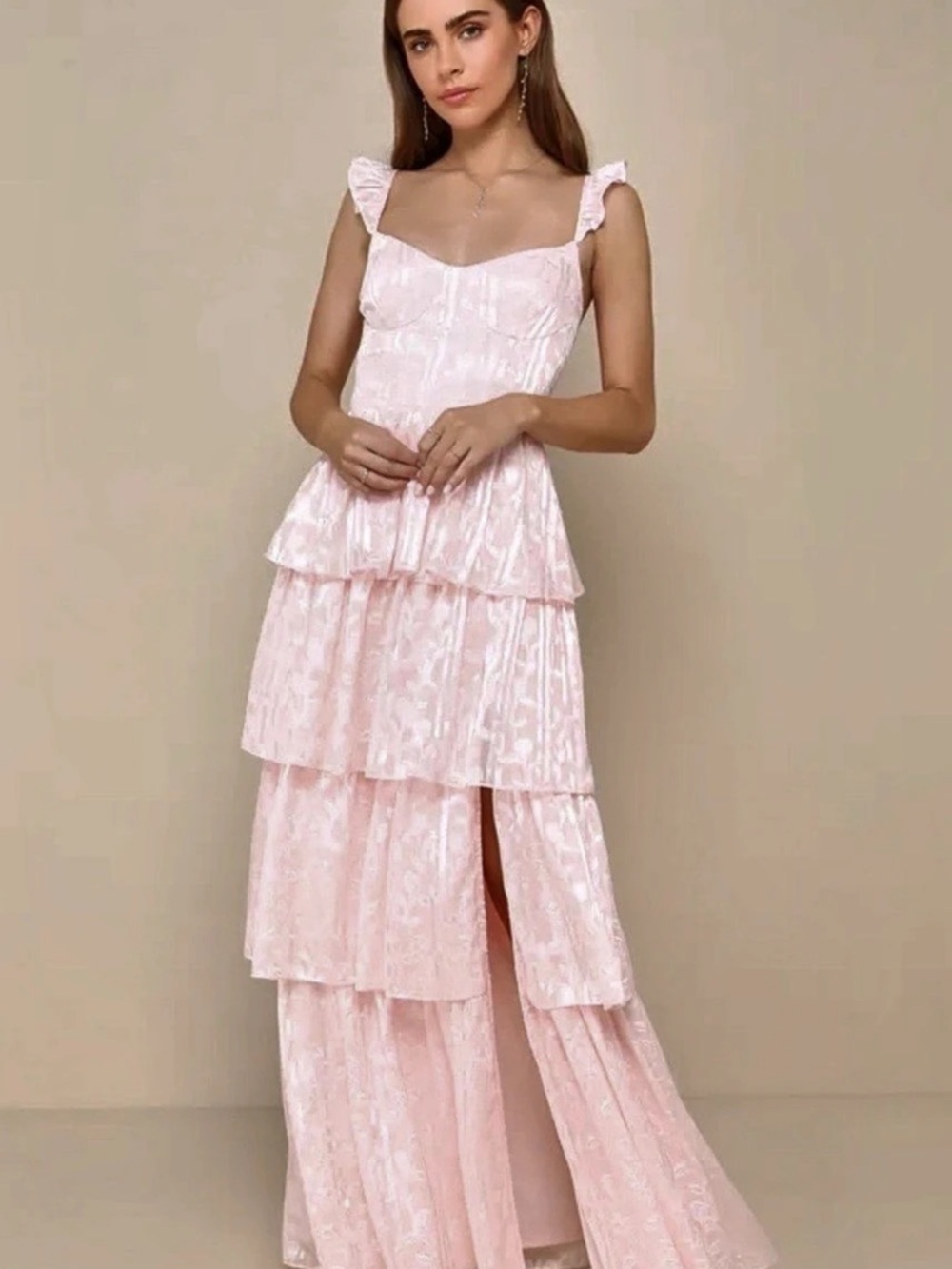 Lulus Glory Light Pink Floral Jacquard Tiered Maxi Dress Floral Jacquard Maxi